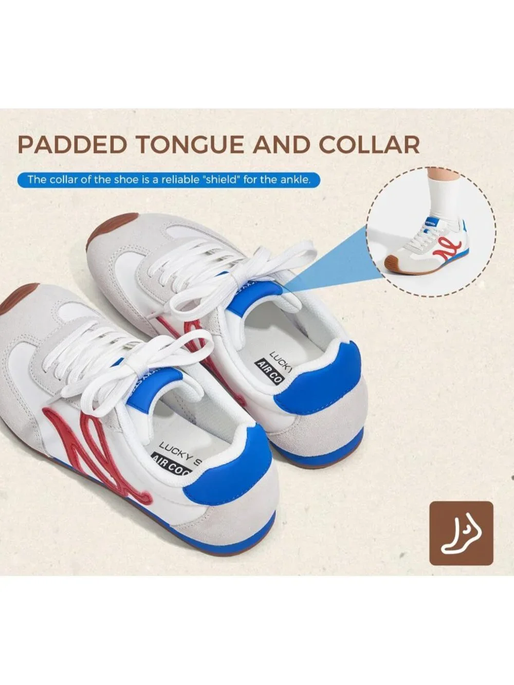 Women's White/Red Leather Comfortable Classic Casual Thin Sole Walking Sneakers